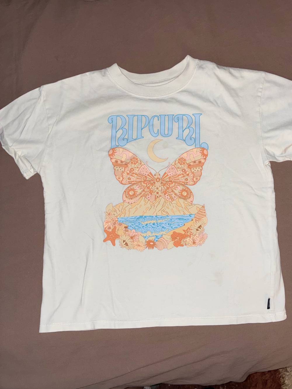 Rip Curl White Tee with Pastel Butterfly & Beach Graphic